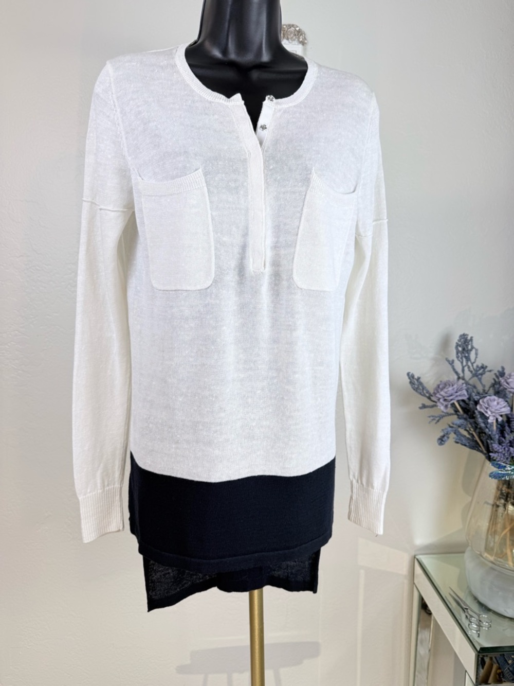 9|15 Saks Fifth Ave Linen Blend Navy|White Tunic Light Knit Coastal Lagenlook M